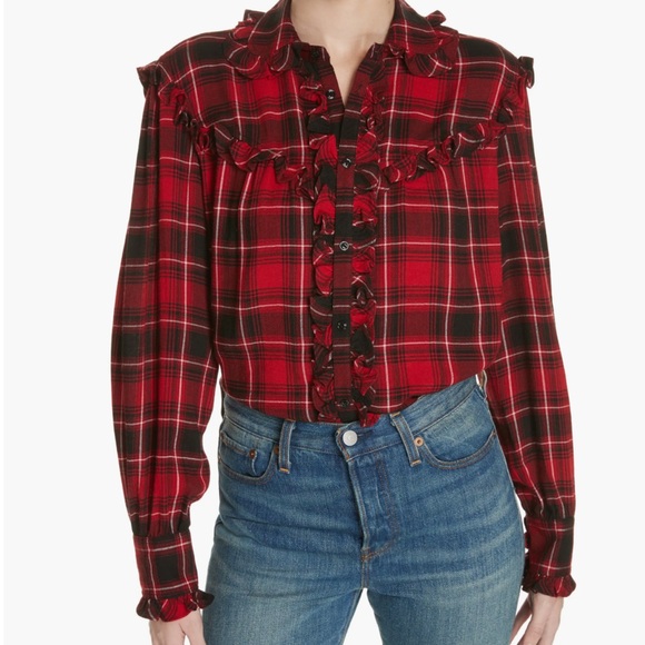 Polo Ralph Lauren Tops - NWT Polo Ralph Lauren Ruffle Plaid Shirt Blouse Viscose Wool Red Black XL